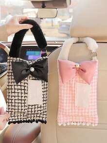 Pink - Pearl Bow, Beige Puff Grid Hanging Tissue Box, Black Puff Grid Hanging Tissue Box, Black - Pearl Bow, Denim Pocket Tissue Box - C - View 5