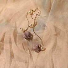 1 par de pendientes vintage delicados con gota de flor de vidrio púrpura y perla, adecuados para uso diario, regalo - Ganchos para pendientes con forma de tulipán de color morado claro - Ver 11