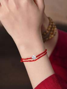 Vòng tay dây thừng màu đỏ hình cỏ bốn lá bằng bạc Sterling S925, vòng tay charm dệt tươi mới và may mắn, tinh tế và bền chắc, món quà lý tưởng cho Ngày Valentine, Ngày của Mẹ, bạn thân. - Đỏ - Xem 6