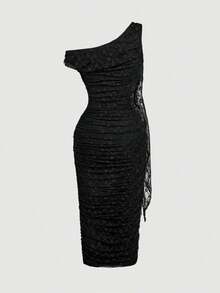 Vestido midi elegante con estampado floral vintage, cuello asimétrico, tejido fruncido ajustado y pañuelo decorativo para mujer eventos y verano - Negro - Ver 2