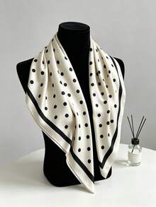 波点真丝优雅办公休闲配饰，高档缎面卷边，米色和黑色 - 白色 - 查看 6