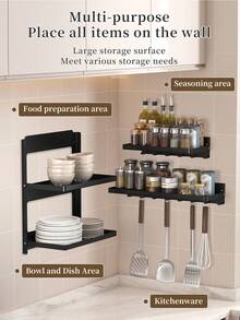 1 pieza Estante de almacenamiento de cocina montado en la pared con ganchos - Fácil de ensamblar, diseño plegable, para almacenar utensilios, especias, cuchillos, espátulas y cucharones, estante de almacenamiento ahorra espacio para la cocina y el comedor - Organizador de cocina y estante de almacenamiento de estructura de metal resistente - Estante de almacenamiento - Ver 3
