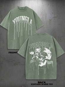New Retro Washed Distressed Women's T-Shirt, Casual Short Sleeve Loose Fit Aesthetic Everyday Basic Street Tops,1PC Y2K Vintage Washed T-Shirt |    Graphic Tee |   YLA Dripping Skull Design Pattern |   Gifts For Men Or Boyfriend |   100% Cotton |    Thickened Fabric |   Unisex, Unisex T-Shirt, Graphic Shirts, Vintage Tee 2026 - 軍綠色 - 查看 1
