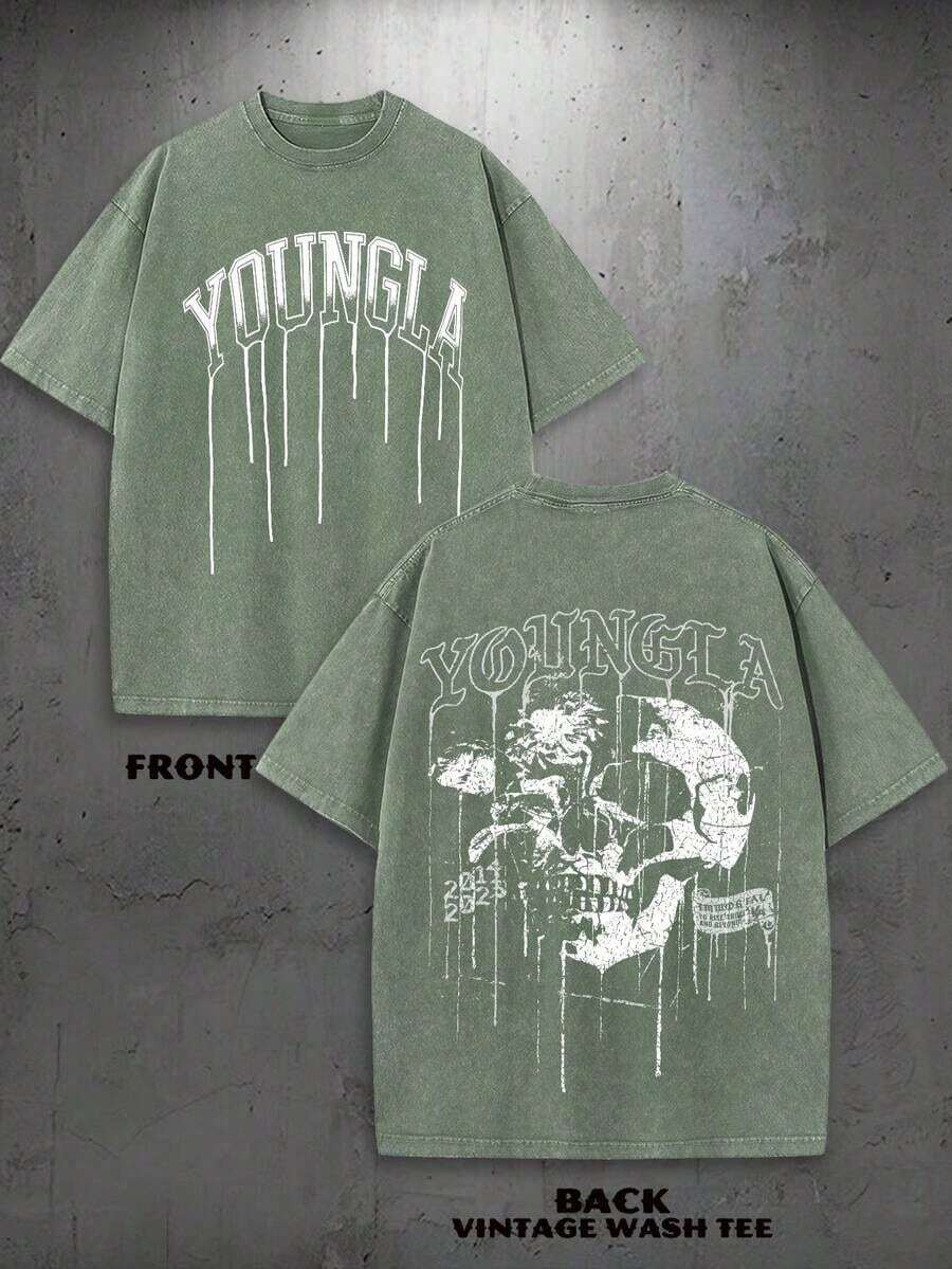 New Retro Washed Distressed Women's T-Shirt, Casual Short Sleeve Loose Fit Aesthetic Everyday Basic Street Tops,1PC Y2K Vintage Washed T-Shirt |    Graphic Tee |   YLA Dripping Skull Design Pattern |   Gifts For Men Or Boyfriend |   100% Cotton |    Thickened Fabric |   Unisex, Unisex T-Shirt, Graphic Shirts, Vintage Tee 2026 - 軍綠色 - 查看 1