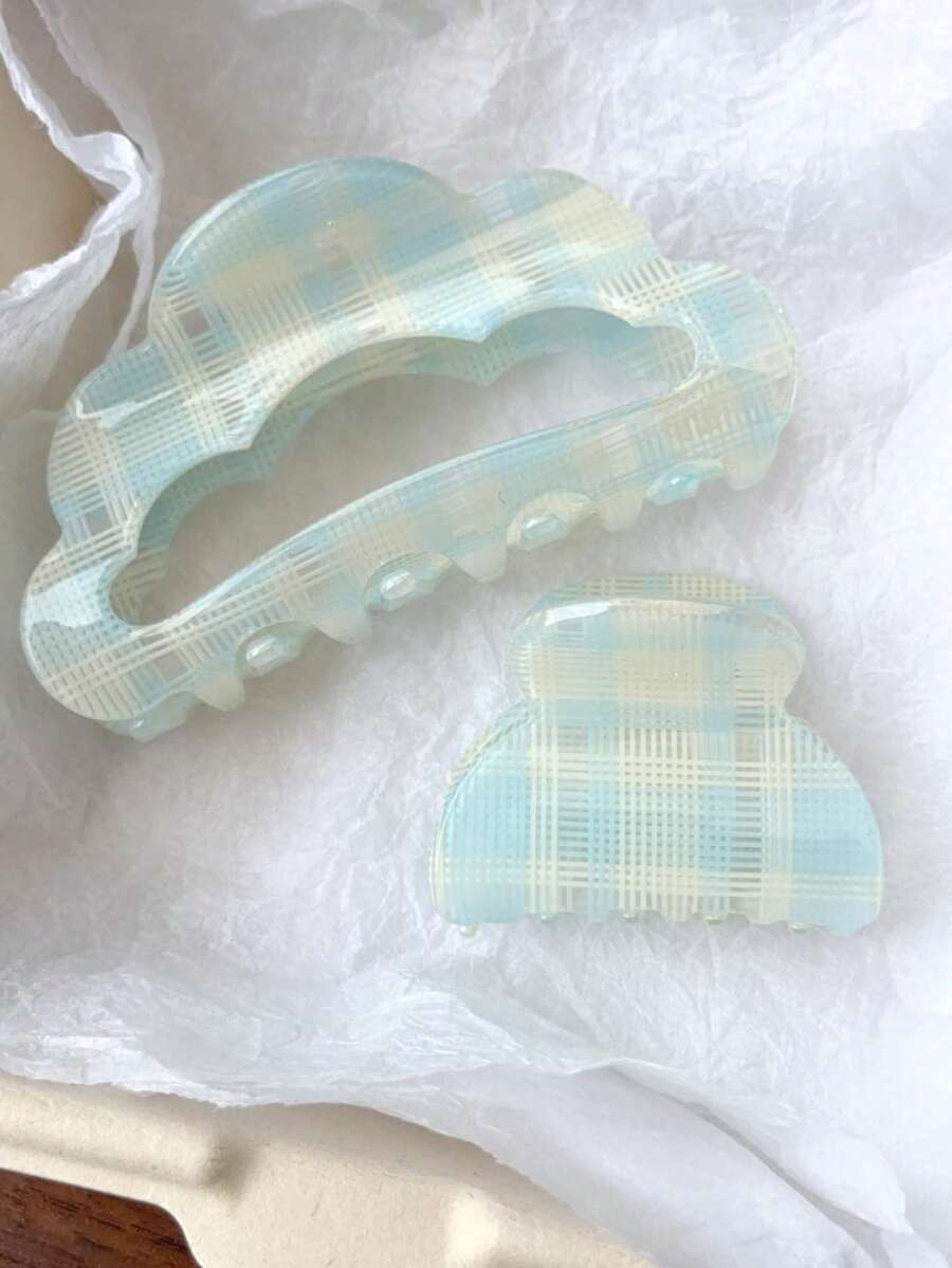 2个/套 格子云朵迷你发夹,浅蓝色和米色格子发夹,防滑亚克力发夹,适合厚发和薄发,Y2K风格发饰,节日、派对 - 彩色 - 查看 1