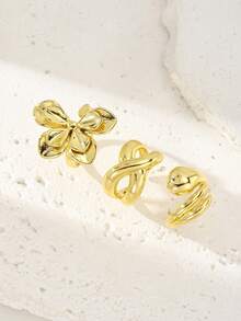 1pc/18K Gold Plated Open Ring - Chunky Flower, Twisted & Heart Stackable Rings For Women, Minimalist Statement Jewelry - Yellow Gold - View 1