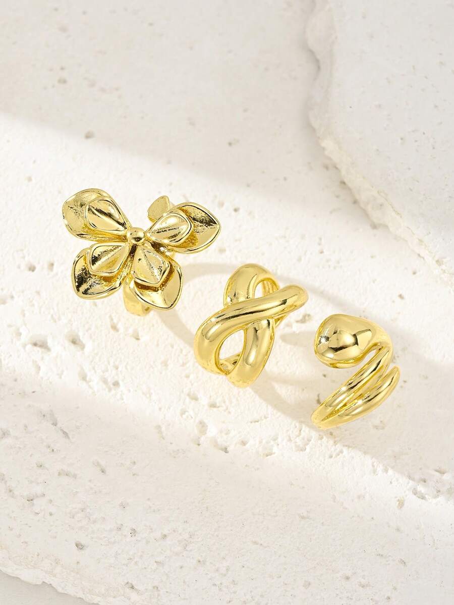 1pc/18K Gold Plated Open Ring - Chunky Flower, Twisted & Heart Stackable Rings For Women, Minimalist Statement Jewelry - Yellow Gold - View 1