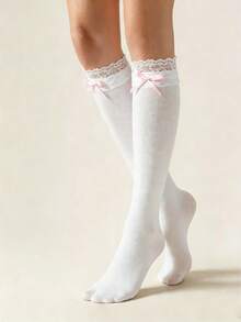 1PC/2pcs Women's Solid Color Calf-Length Socks Sweet Lace Trim Cute Bow Detail Cut-Out Socks, Breathable Lightweight Adorable Hosiery For Daily Commute - Multicolor - View 7