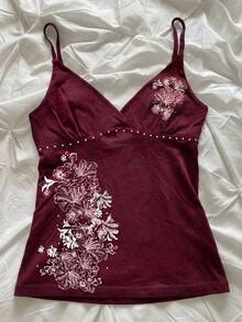 Atasan Cami Tanpa Lengan Kasual Motif Bunga Hibiscus, Atasan Musim Panas, Pakaian Pantai untuk Wanita - Burgundy - View 2