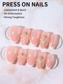 24 piezas de uñas postizas cortas con forma de almendra estilo francés con decoración de perlas en 3D, que incluye 1 esmalte de gel y 1 lima de uñas, adecuado para mujeres y niñas para uso diario y de fiesta - Multicolor - Ver 2