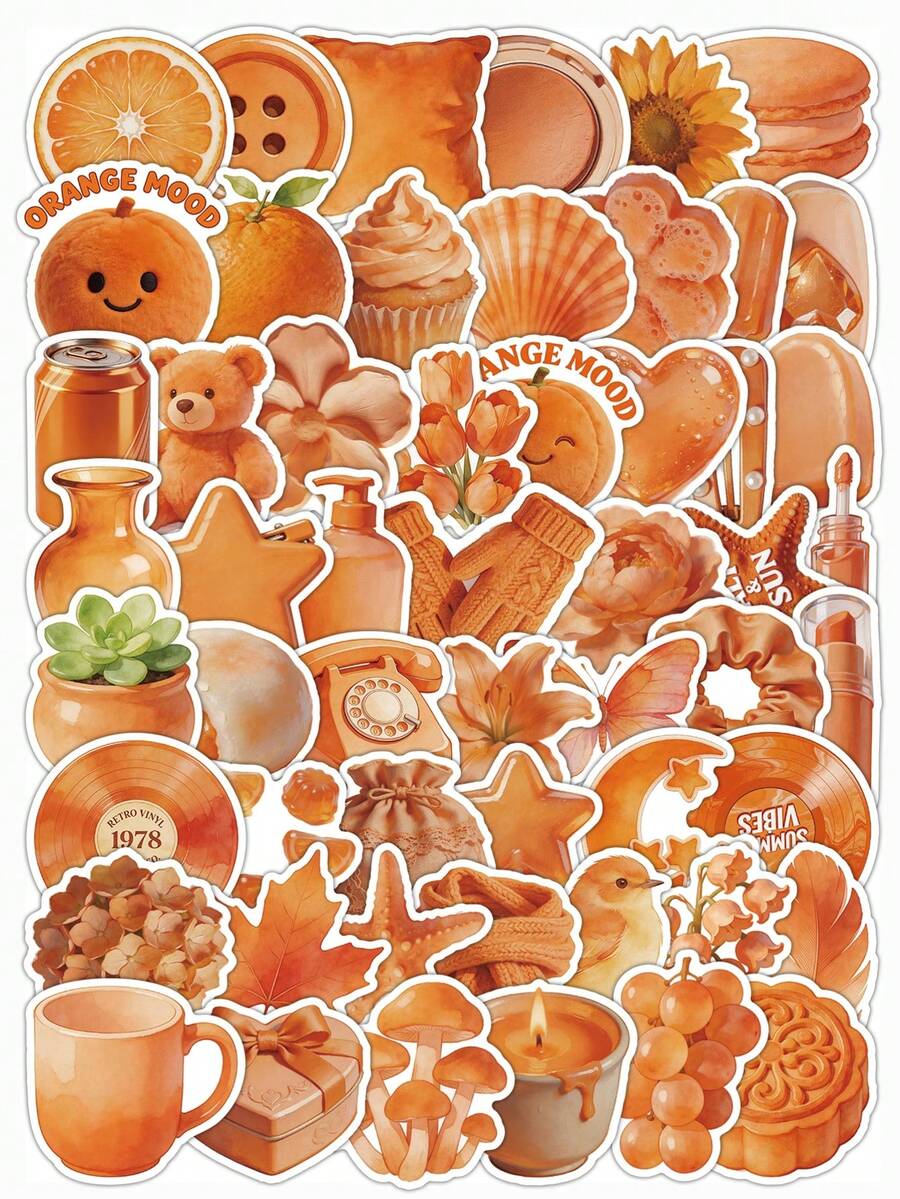 60 piezas Pegatinas estéticas naranja, que contienen elementos de mariposa/macaron/suculenta/teléfono retro, pegatinas decorativas de PVC resistentes al agua adecuadas para funda de teléfono, botella de agua, portátil, cuaderno, equipaje, scrapbook, diario, suministros de oficina, decoración de habitación, pegatinas lindas