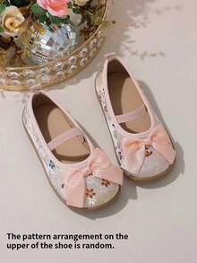 1 par de zapatos estilo chino Mary Jane nuevos, zapatos de cuero con punta redonda y slip-on, bordados florales retro, tacón plano, adecuados para atuendos, rosa suave con lazo, apropiados para actuaciones, niñas de las flores, festivales - Rosa Pálido - Ver 2