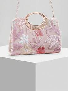 New European And American Fashion Pearl Embroidered Box Clutch Bag, Wedding/Evening Party Purse, Random Pattern - Pink - View 3