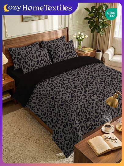 2/3pcs Bedding Set (1pc Duvet Cover + 1/2pcs Pillowcase, No Filler), Charcoal Gray Leopard Print, Breathable & Comfortable, Skin-Friendly Soft Anti-Pilling, Suitable For Double/Full/Queen/King Size Bed, All Season, Multi-Size Options, Machine Washable, Elegant Bedroom Decor, Black, Oeko-Tex Certified