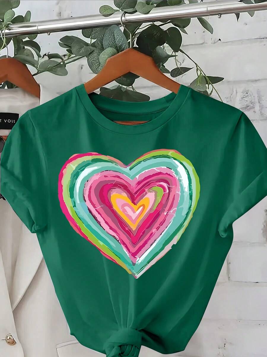 Talla unisex. Camiseta de verano de algodón de talla grande para mujer. Manga corta, estampado de corazones, corte holgado, cuello redondo, estilo casual, adecuada para verano y primavera, ropa de talla grande para mujer. Material absorbente de sudor, suave y agradable para la piel. - Verde - Ver 1
