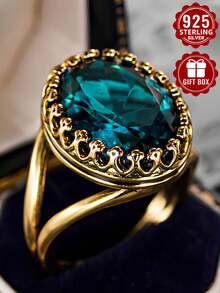 1 chiếc nhẫn bạc 925 cao cấp, đính đá Cubic Zirconia tổng hợp màu xanh nhạt, chế tác chạm khắc tinh xảo, trang sức cao cấp sang trọng, kích cỡ 7-11, phù hợp đeo hàng ngày, món quà hoàn hảo cho mọi dịp đặc biệt như Ngày của Mẹ/Giáng sinh/Ngày lễ tình nhân/Sinh nhật, kèm hộp quà. - Vàng - Xem 2