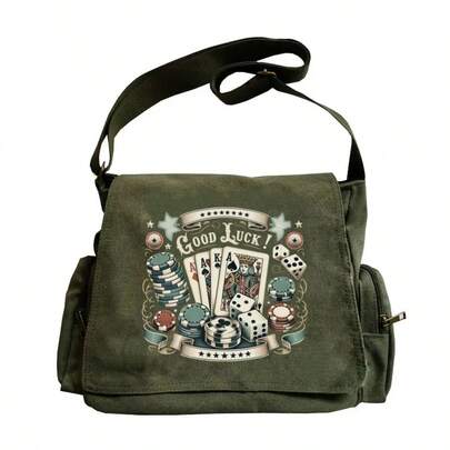 极简军绿色帆布斜挎包，大容量赌场幸运扑克骰子印花单肩包，复古休闲风格，适合日常、上学、通勤、购物