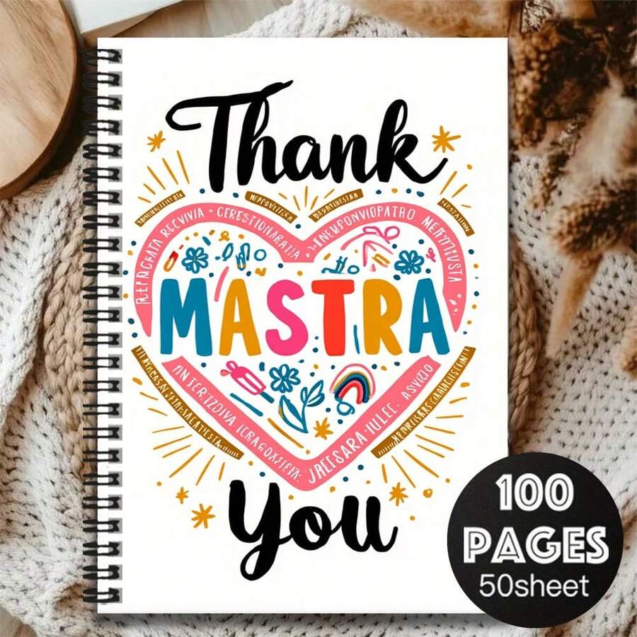 1 pieza Cuaderno espiral creativo con diseño de portada "Gracias MASTRA", 100 páginas/50 hojas, adecuado para trabajo, estudio, escuela, graduación, regalo de cumpleaños, diario, planificador diario - Q - Ver 1