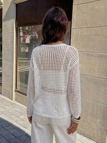 New Summer Women White Knit Long Sleeve Shirt, Suitable For Beach And Party, Casual And Work Commute Outfit - Off White - View 6