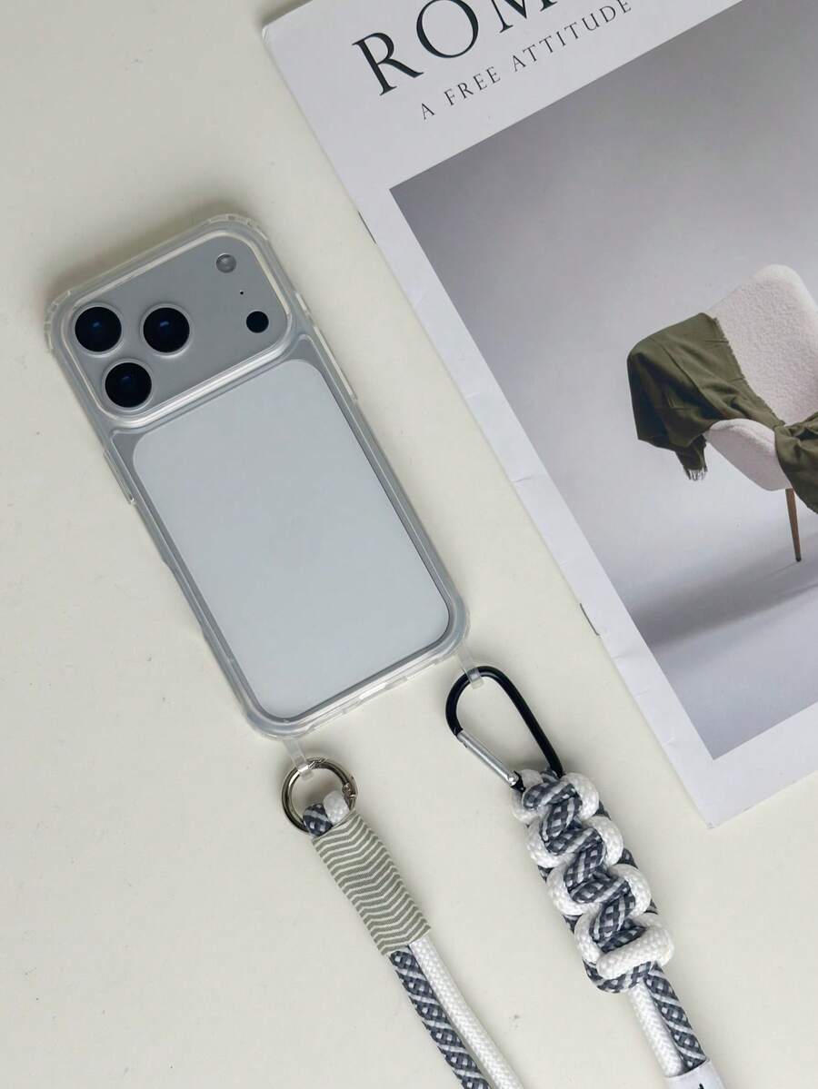 Keychain, Lanyard Gray & White Plaid Woven Detachable Shoulder Strap, Transparent Anti-Fall Full Coverage Phone Case Compatible With IPhone - Light Grey - View 1