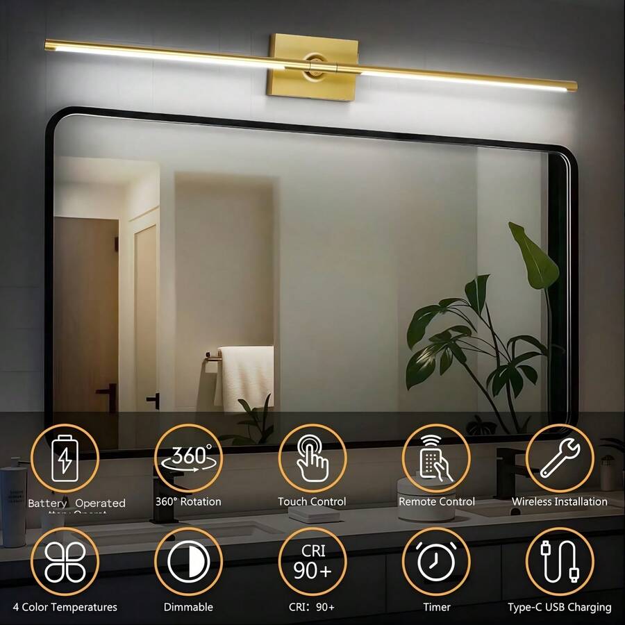 1 pieza/2 piezas Lámpara de pared negra/dorada, decoración de pared para fondo de TV, luz para dormitorio/sala de estar, aplique de pared moderno: compartimento de batería recargable desmontable, con control remoto, luz de pared rectangular - Batería recargable de gran capacidad, cable de carga Tipo C de 80 cm, instalación sin taladrar