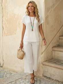 Conjunto Dos Piezas Mujer Blanco, Blusa Cuello Redondo Mangas Cortas Holgada, Pantalones Largos Anchos Culotte, Tejido De Lino Ligero Fresco Transpirable, Estilo Minimalista Boho Natural Chic Ideal Para Looks Diarios Veraniegos Y Vacaciones - Verde militar - Ver 6