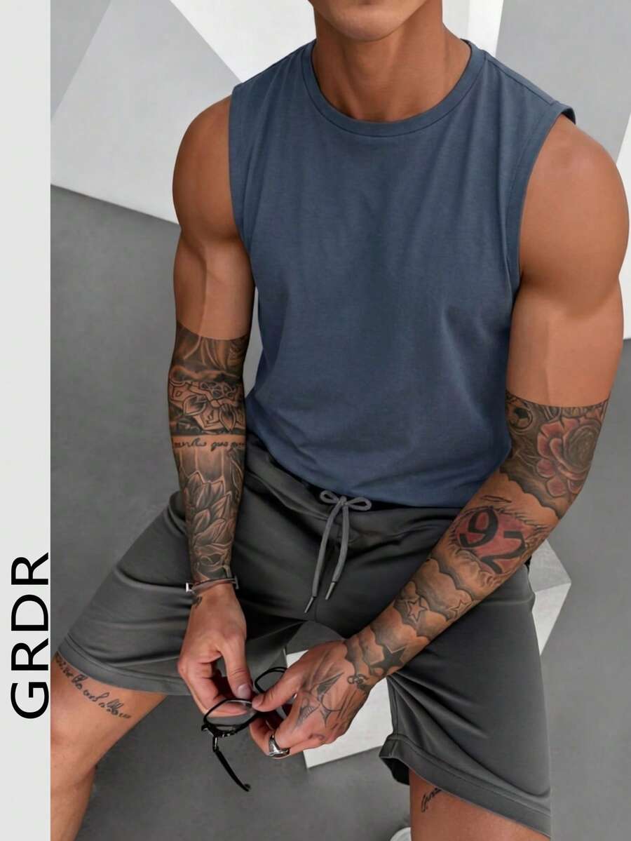 GRDR Men's Summer Casual Sleeveless Round Neck Tank Top - Dusty Blue - View 1
