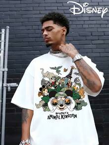 Disney Authorized Mickey Mouse And Disney Animal Kingdom Cartoon Patterns And Disney Animal Kingdom Letter Prints, Men's Black Pure Cotton Short Sleeved T-Shirt, Breathable White Short Sleeved T-Shirt, Suitable For Summer Wear, Neutral, Regular Round Neck Casual Style, Washable, Comfortable And Loose. - 白色 - 查看 1