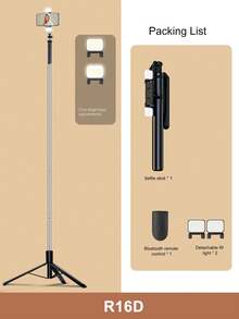 66.9 Inch/170cm Bluetooth Remote Control Alloy Selfie Stick With LED Fill Light, Suitable For Video Shooting And Life Recording, Telescopic, 360° Rotation, Anti-Shake, Foldable And Portable Tripod Selfie Stick - Black - View 14