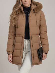 Women's Puffer Jacket With Faux Fur Lining For Winter With Hood - Óxido marrón - Ver 6