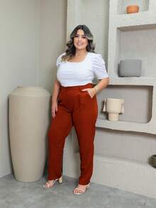 Plus Size Tailored Trousers With Button, Sizes P To G3 - Terracota - Ver 2