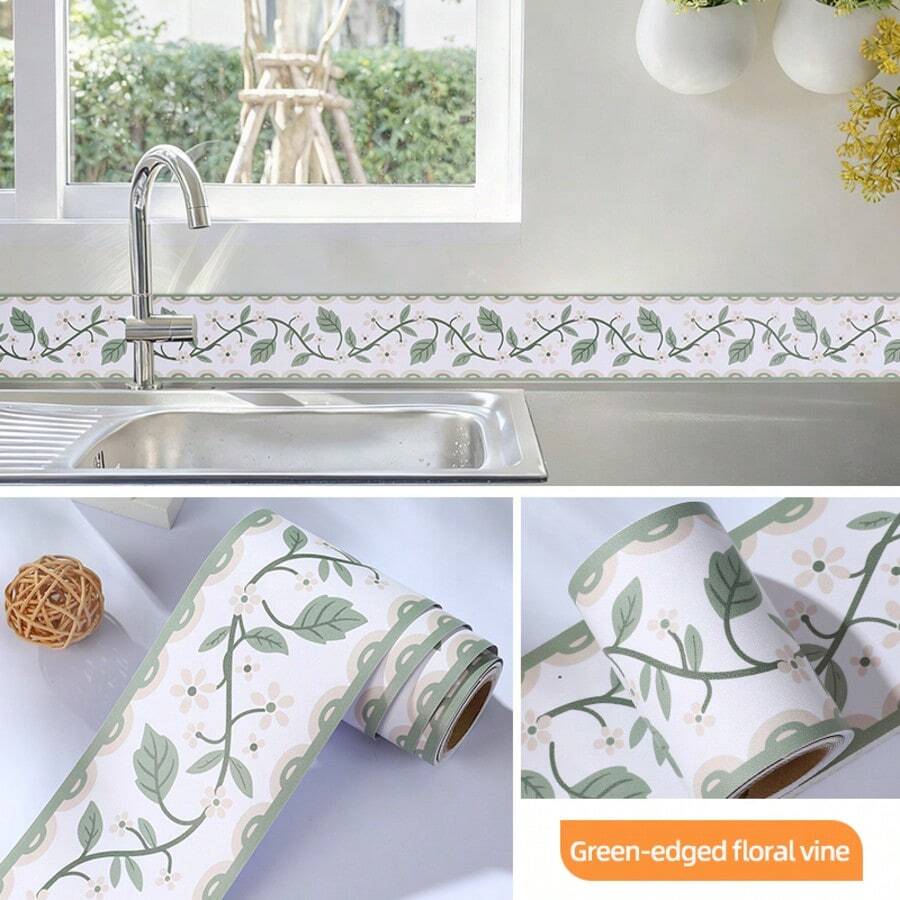 Self-Adhesive Ceramic Tile Trim Sticker, Decorative Wall Border For Kitchen, Bathroom, Waterproof Baseboard - Green-edged Vines - View 1