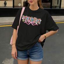Camiseta negra con estampado floral y texto Momia para mujer estilo casual - Negro - Ver 3