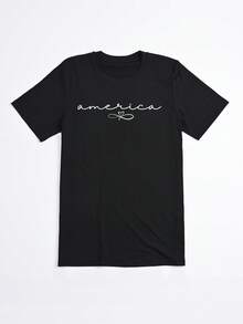 Camiseta Oversize Negra con Estampado America para Mujer Verano Casual - Negro - Ver 2