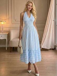 Perirose Đầm midi cổ yếm màu xanh trắng kẻ caro dành cho nữ, đầm chữ A xếp tầng bồng bềnh thanh lịch, trang phục thường ngày mùa xuân 2026. - Màu xanh nhạt - Xem 6