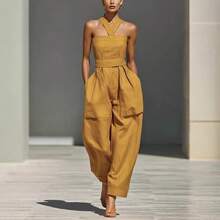 2026 New Style Linen Blend Cross Strap Loose Fit Women Jumpsuit Casual Summer Beach Playsuit High Waist Wide Leg Romper For Vacation Daily Wear - Màu Đỏ Sâu - Xem 2