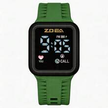 ZOEA Men's LED Touchscreen Watch, Waterproof Silicone Strap, Sporty And Casual Design - 綠帶黑殼 - 查看 2