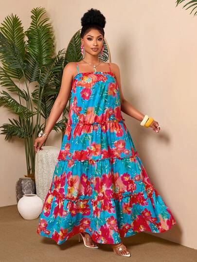 BIUBIU Plus Size Women's Tiered Floral Long Spaghetti Strap Tunic Dress Sleeveless Backless Woven Fabric Vacation Wear