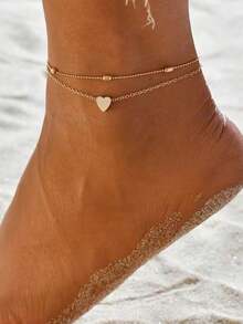2pcs Vintage Elegant Minimalist Heart Shaped Anklets For Women, Adjustable Gold Chain, Fashionable Casual Accessory Suitable For Beach, Vacation, Daily Wear - Gold - View 2