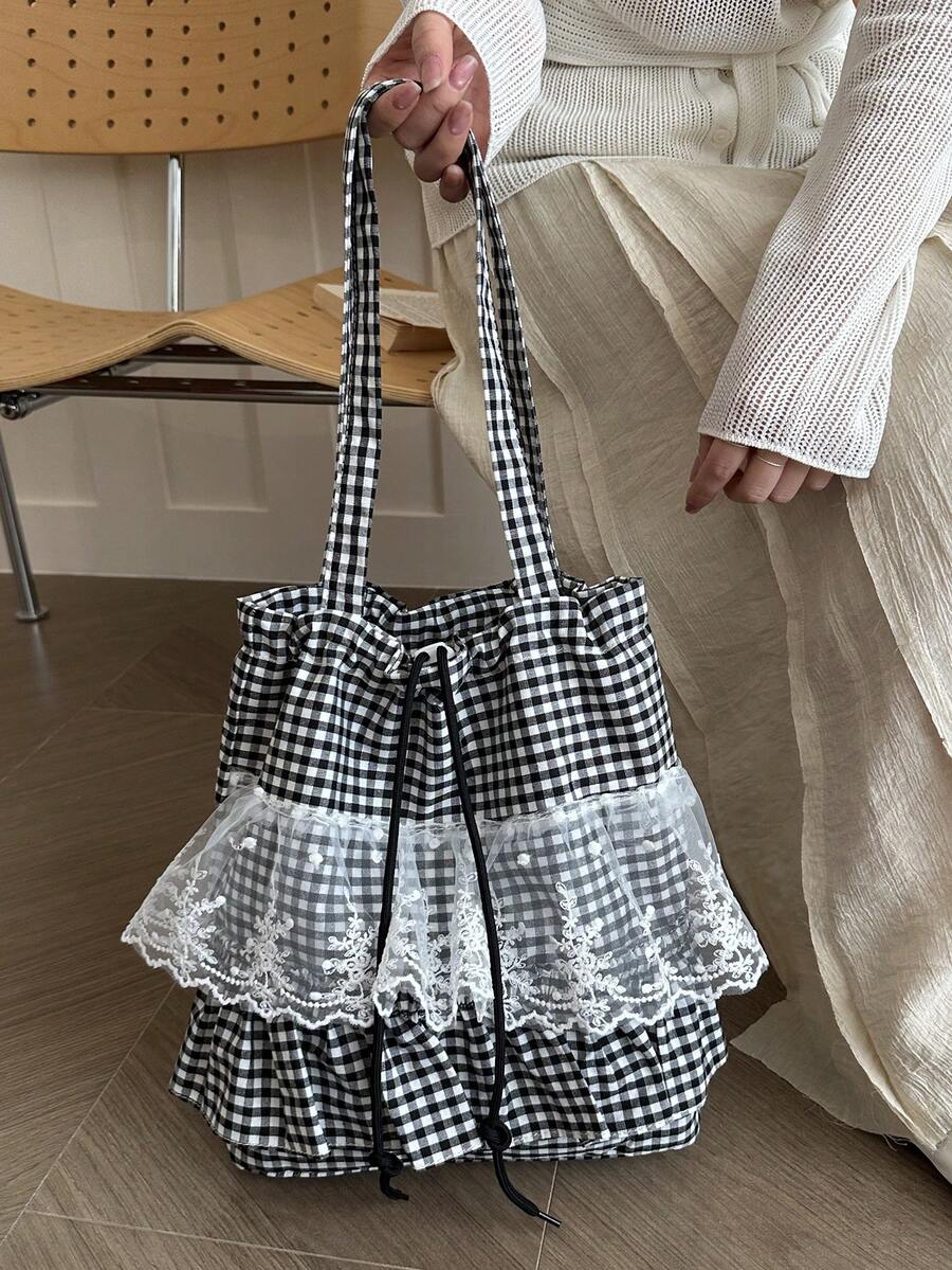 Casual Minimalist Plaid Drawstring Pleated Hem Large Capacity Tote Shoulder Bag, Women Pleated Hem Shoulder Bag