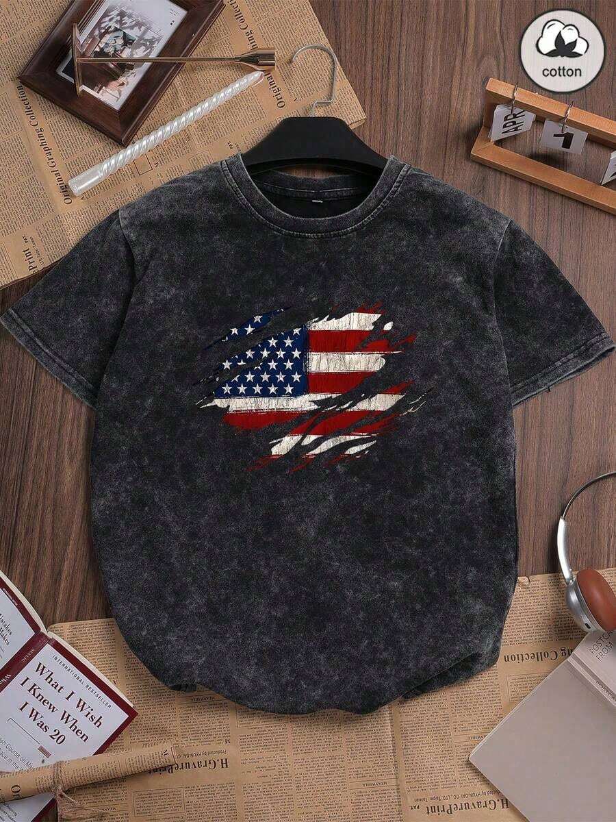 Cotton, Summer Women's Fun Printed Hip-Hop "American Flag" Personalized American Flag Pattern Printed Street , Korean Version Comfortable Retro Fashion Commuting Versatile Y2k Clothing Women's Clothing, Suitable For Outdoor Leisure, Regular Niche Punk Style Black Well Fitting Round Neck Short Sleeved Washed T-Shirt Casual,2026 Vintage Washed Graphic Tee For Men Streetwear,Festival Season Must-Have - 黑色 - 查看 1
