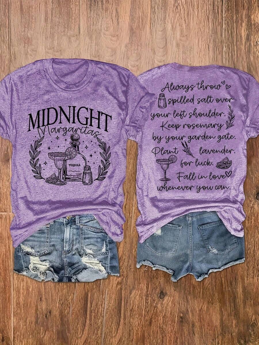 Summer Outfits For WomenCasual Short-Sleeve Crew Neck T-Shirt With Graphic Print, Perfect For Summer And Spring, Designed For WomenLoose And Comfortabletops - 紫色 - 查看 1