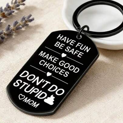 MOLANXUAN 1pc Stainless Steel Keychain, Dog Tag Style, With Heart & Poop Symbols, Engraved With Phrases Like "Have Fun, Be , Make Wise Choices, Don't Do Anything Stupid, Mom", A Gift For Teenage Son/Daughter, Suitable For Graduation, Birthday Or Farewell