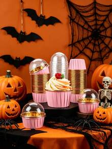 30/50Pcs Pink & Gold Cupcake Liners With Lids Premium Round Aluminum Foil Baking Cups, Heat Resistant And Durable. Elegant Pink And Gold Design Fits Muffins, Cheesecakes And Brownies Perfectly. Great For Birthdays, Christmas, Halloween, Autumn & Pumpkin Themed Parties, Ideal For Daily Baking And Festive Dessert Decoration. - Multicolor - View 10