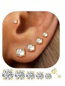 14K镀金立方氧化锆耳钉，男女通用，不锈钢镀银/镀金耳环，3-4-5-6毫米圆形仿钻CZ耳钉，日常佩戴 - 如圖所示 - 查看 2