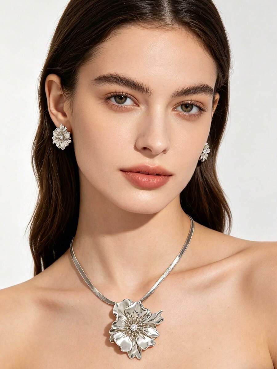 GARMEND 3pcs Floral Decor Necklace & Earrings Jewelry Set, Elegant Style For Women Everyday/Party Wear