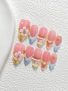 10Pcs Sweet Girly Style Handmade Nail Art Set,Unghie Press On,Starfish, Chain Nail Art Accessories,Hand Pinched Five Petal Flower Nail Art Decorations,Yellow And Blue Nail Polish,Cute And Exquisite Style,Comes With Nail Tools(1 Sheets Jelly Stickers+1PC Nail File)3 Sizes Available,Almond Nails, Duck Nails,Coffin Nails,Suitable For Reunion,Daily,Party,Photograph,Play,Spring Summer,Commute Supplies Nails - 彩色 - 查看 13