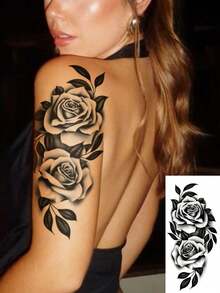 1 Foglio di Grandi Dimensioni Adesivi Tatuaggi Temporanei per il Corpo da Donna, Motivo Floreale Rosa Nera, Tatuaggi Finti Impermeabili, Durano 2-5 Giorni, Coprono Cicatrici, Possono Essere Usati su Braccia, Polsi, Spalle, Gambe, Vita, Collo, Mani, Petto, Cosce, Dita, Adatti per Estate, Spiaggia, Arte del Corpo, Vacanza, Regalo, Festa, Festival Musicale - nero - Visualizzare 4