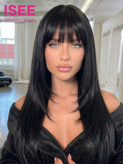 ISEE Peluca de cabello humano con corte de capa recta con flequillo, parte en T de 9x6 pulgadas, nudos decolorados, sin pegamento, de 16 a 24 pulgadas, densidad del 180%, color natural, línea del cabello previamente recortada, cuero cabelludo natural, regalo para mujeres, estudiantes universitarias, principiantes, cabello virgen sin procesar, peluca de cabello humano estilo Y2K, accesorios para el cabello, pelucas de cabello humano 100% real