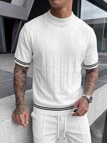 GRDR Jersey de punto de cuello redondo de manga corta con ribete de contraste para hombres, ajuste slim, casual, versátil y de alta gama para uso diario, jersey de punto de diseñador para hombres - Blanco - Ver 1